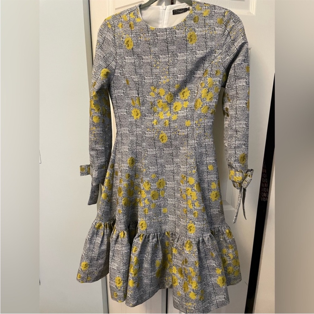 Apparalel Textured Gray Floral Ruffle Hem Dress with Yellow Accents